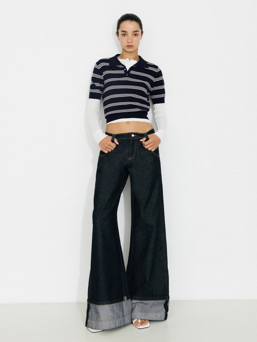 CUBIC - Striped Cropped Polo | Navy