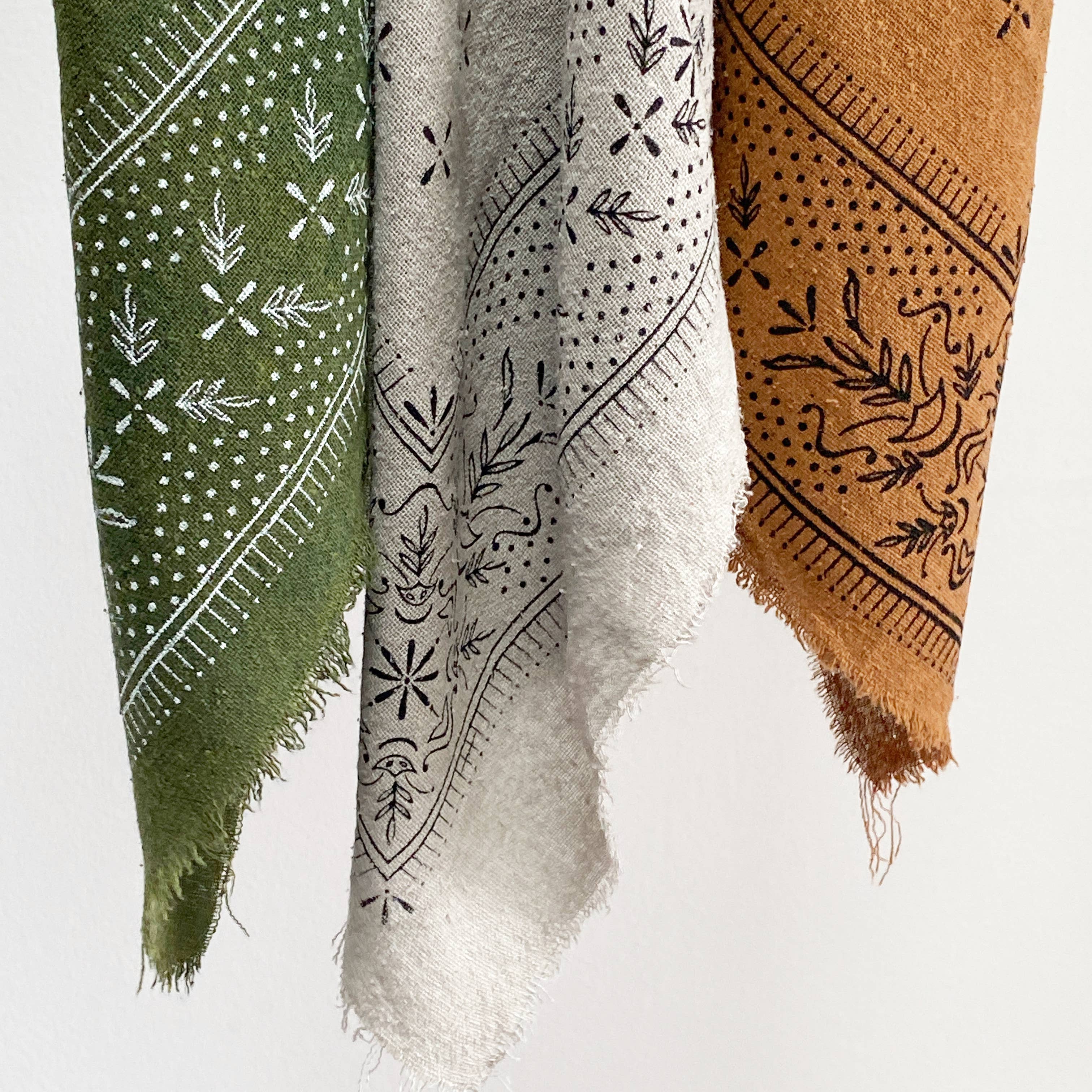 Eco Raw Studio - Classic print Naturally Dyed Bandana | Olive Green with White Ink