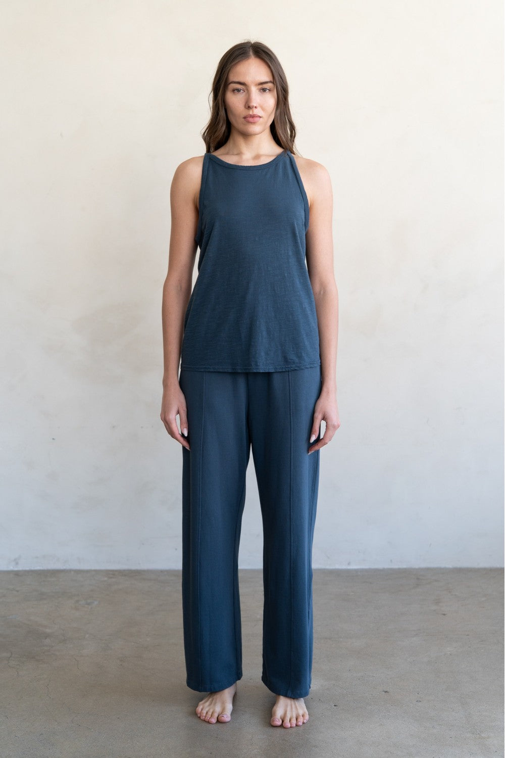 ELLE GREY - Relaxed Wide Leg Drawstring Cotton Seam Pants | Charcoal Blue