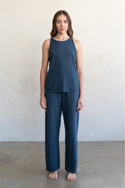 ELLE GREY - Relaxed Wide Leg Drawstring Cotton Seam Pants | Charcoal Blue