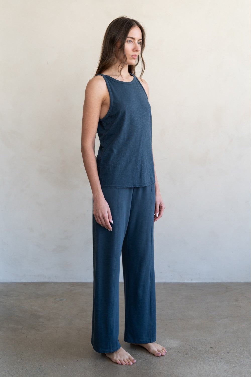 ELLE GREY - Relaxed Wide Leg Drawstring Cotton Seam Pants | Charcoal Blue