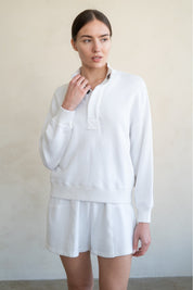 ELLE GREY - Ribbed High Collar French Terry Cotton Pullover | White