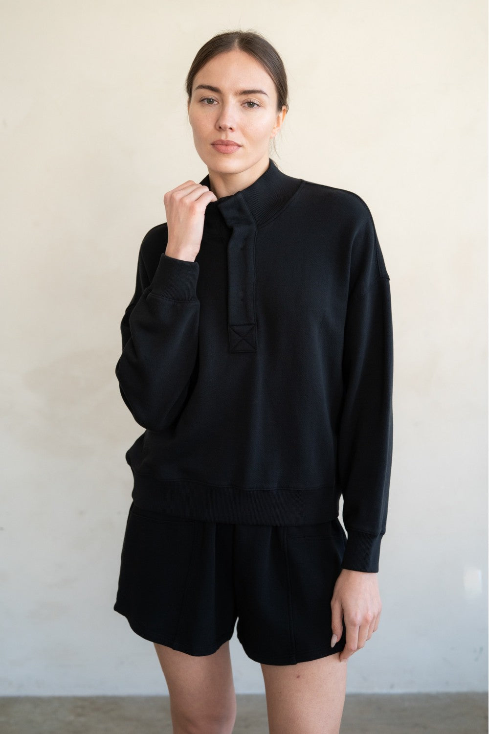 ELLE GREY - Ribbed High Collar French Terry Cotton Pullover | Black