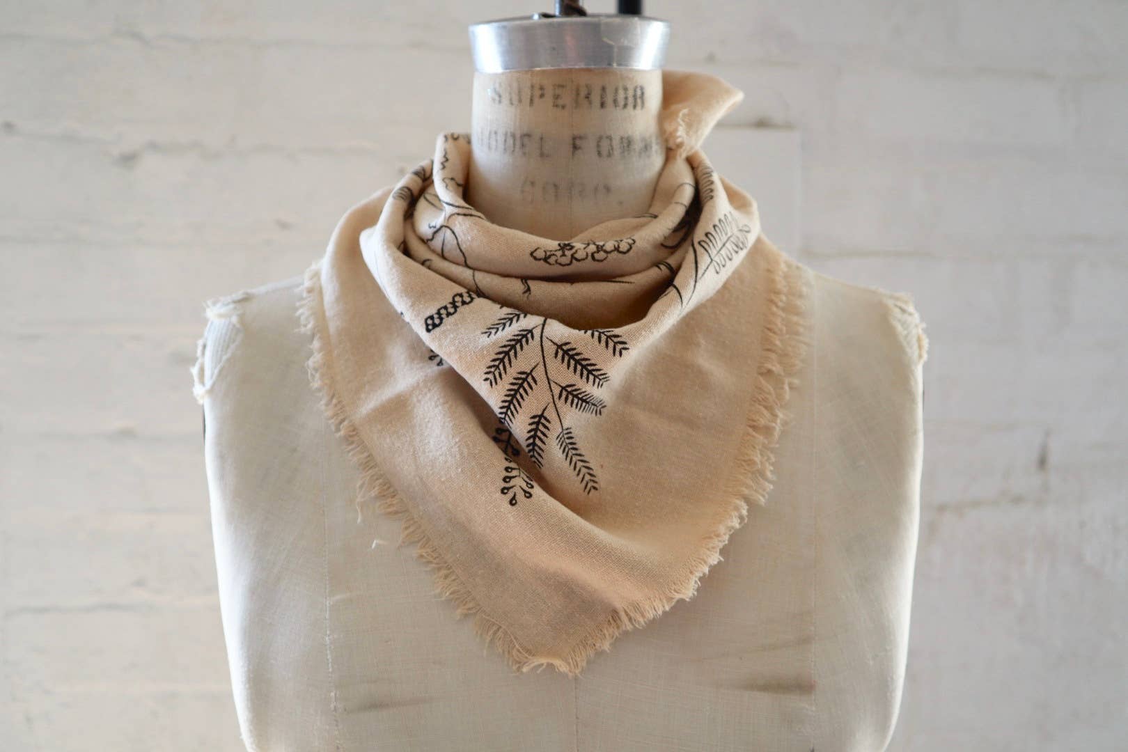 Eco Raw Studio - Botanical Print Naturally Raw Silk Bandana | Oatmeal with Black Ink