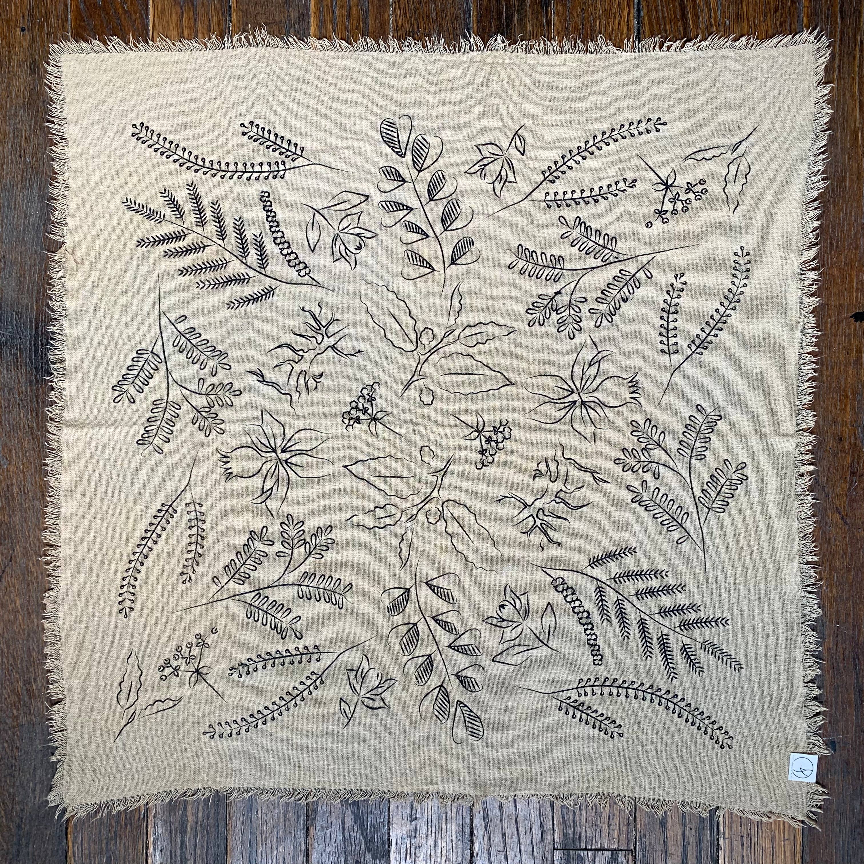 Eco Raw Studio - Botanical Print Naturally Raw Silk Bandana | Oatmeal with Black Ink