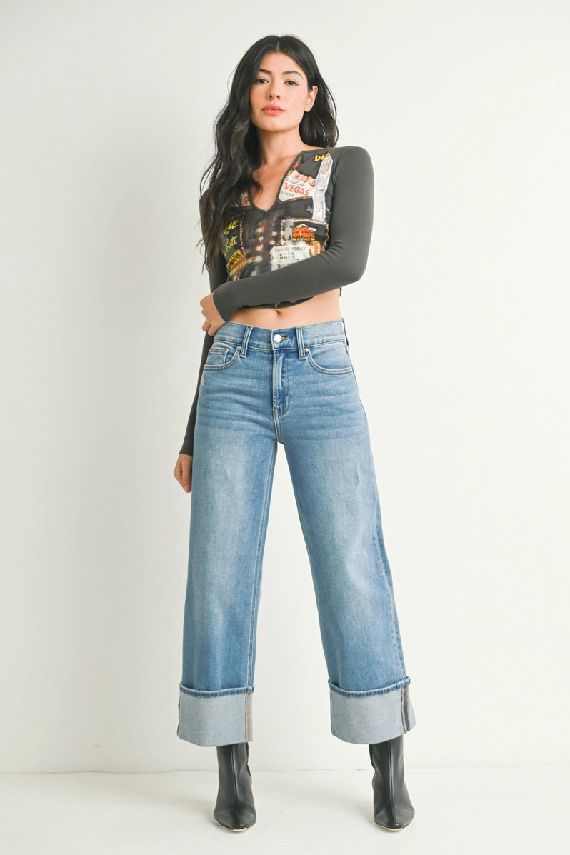Just Black Denim - Petite Cuffed Slim Wide Denim | Medium Denim