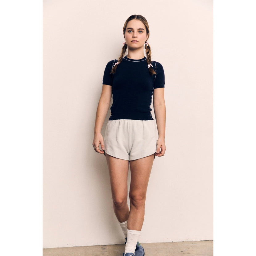 Blank Lab - Contrast Collar Short Sleeve Knit Top | Navy