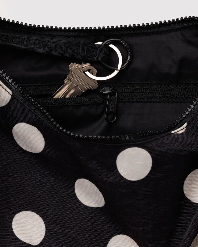 Baggu - Medium Nylon Crescent Bag | Black And Cream Polka Dot