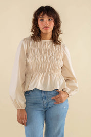 NLT - Marisol Bubble Sleeve Shirred Top | Neutral