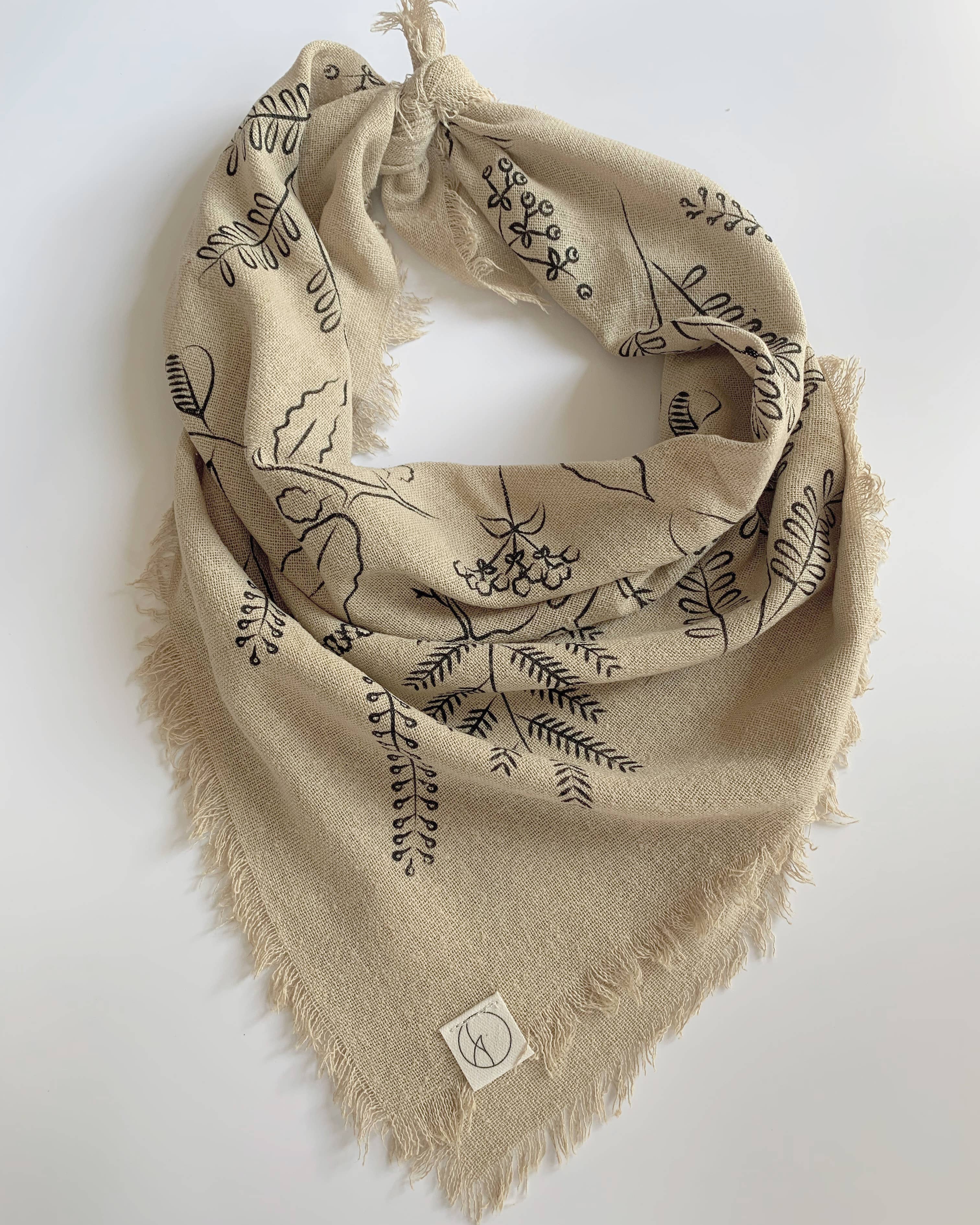 Eco Raw Studio - Botanical Print Naturally Raw Silk Bandana | Oatmeal with Black Ink