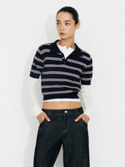 CUBIC - Striped Cropped Polo | Navy