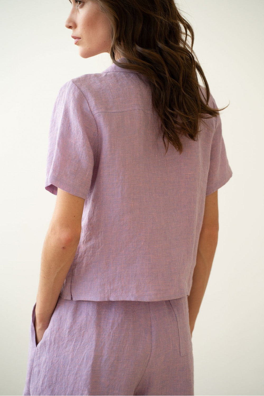 ELLE GREY - Tonal Check Linen Shirt | Lavender