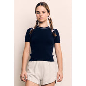 Blank Lab - Contrast Collar Short Sleeve Knit Top | Navy