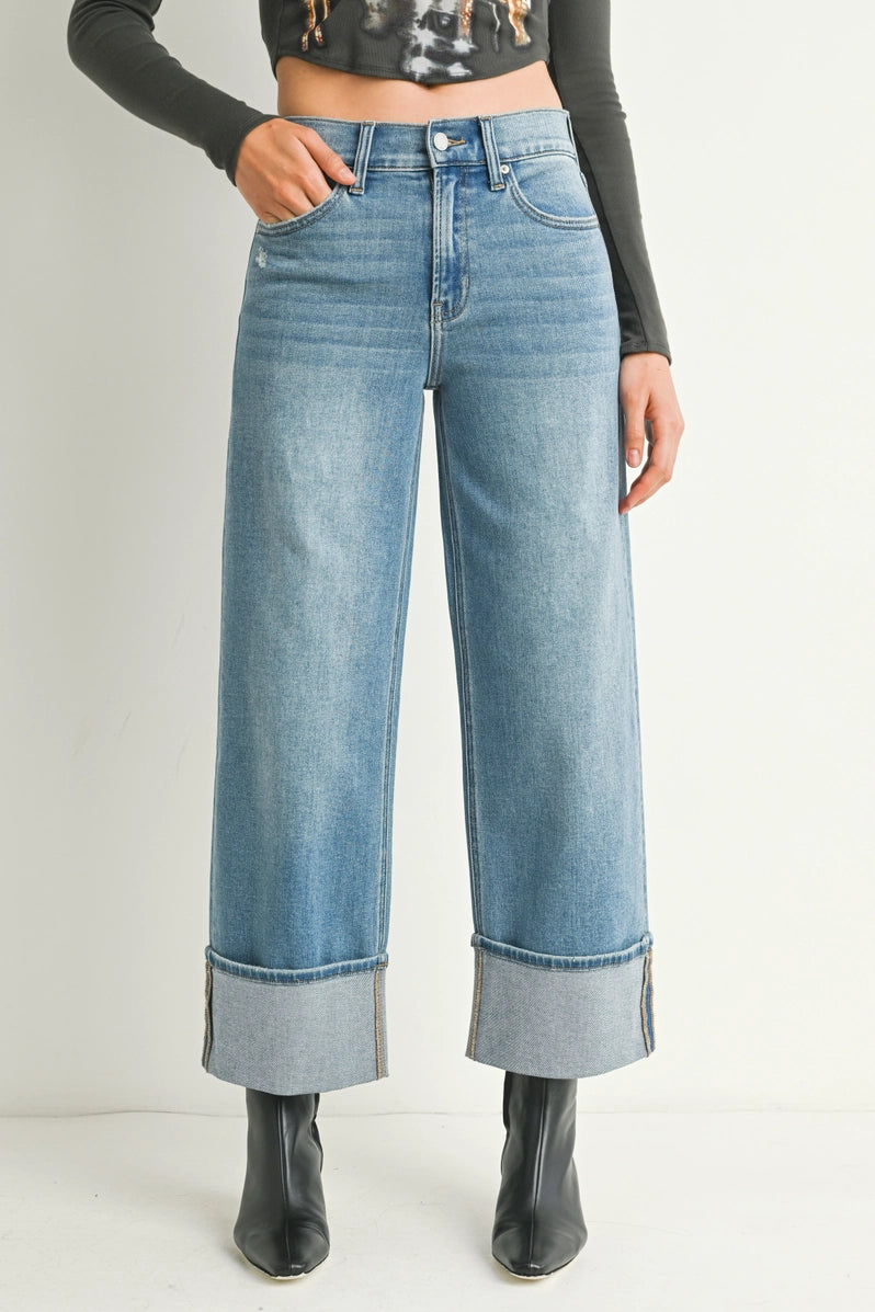 Just Black Denim - Petite Cuffed Slim Wide Denim | Medium Denim