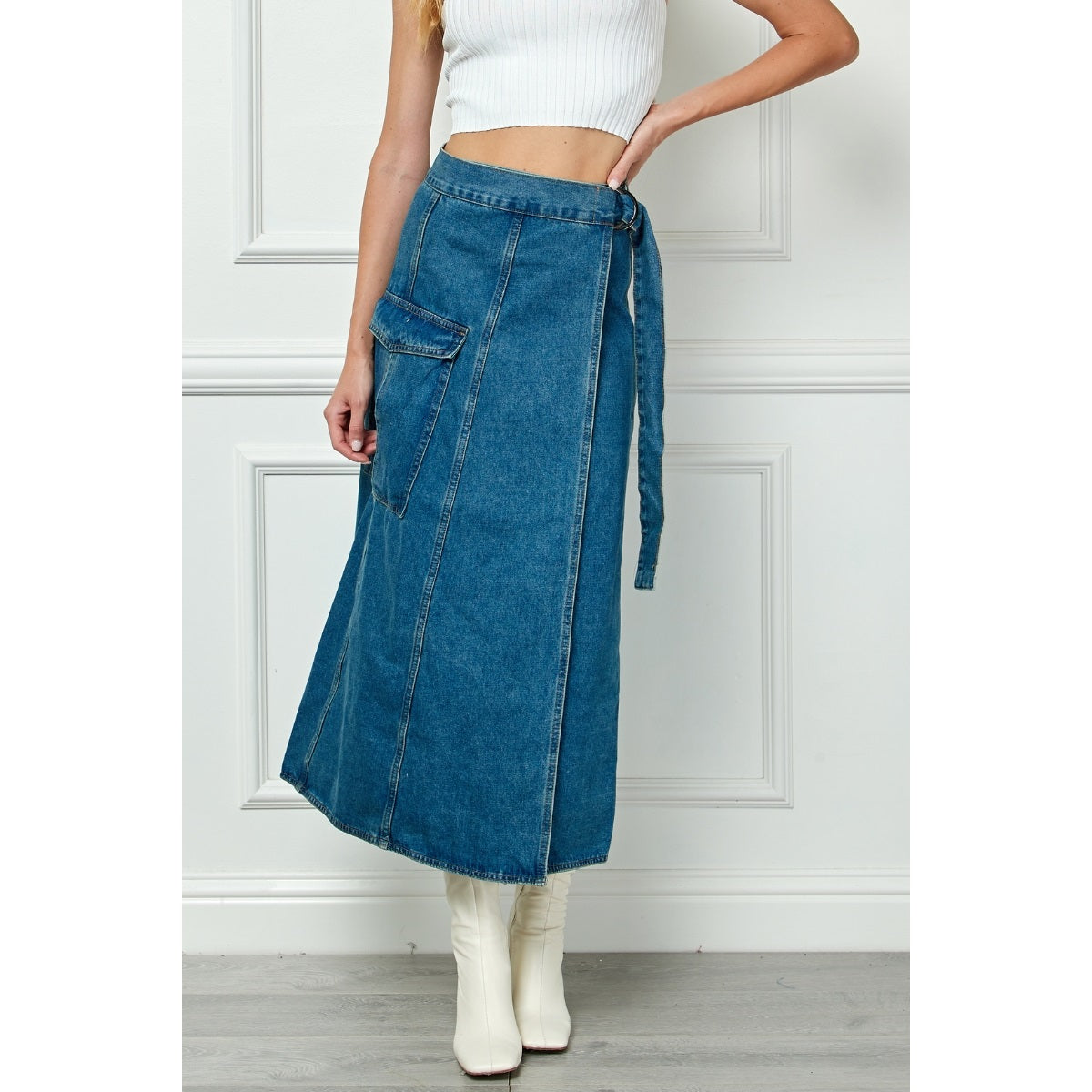 Belted Waist Cargo Denim Wrap Skirt | Blue