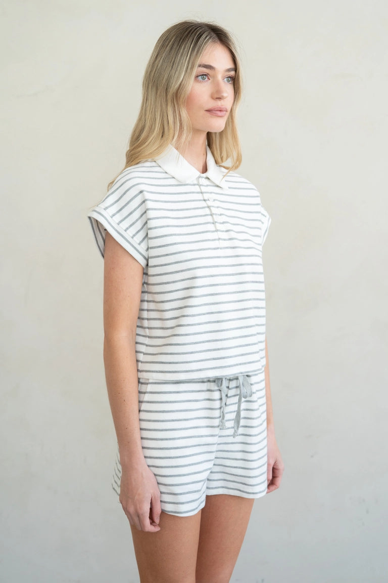 ELLE GREY - Striped Cap Sleeve Polo Shirt | Navy Stripe