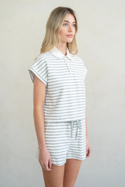 ELLE GREY - Striped Cap Sleeve Polo Shirt | Navy Stripe