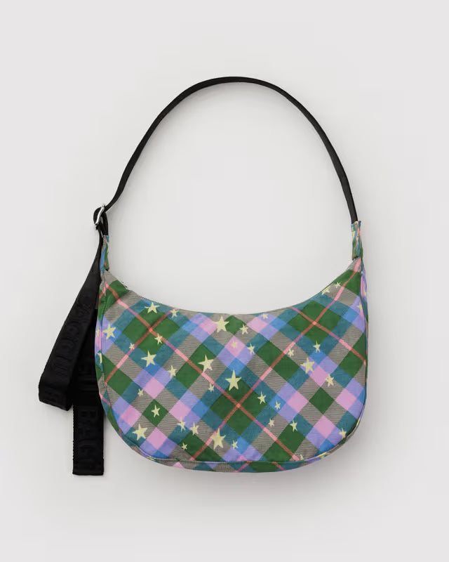 Baggu - Medium Nylon Crescent Bag | Green Star Plaid