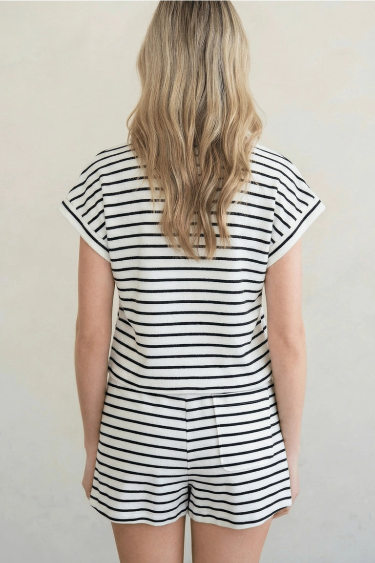 ELLE GREY - Striped Cap Sleeve Polo Shirt | Navy Stripe