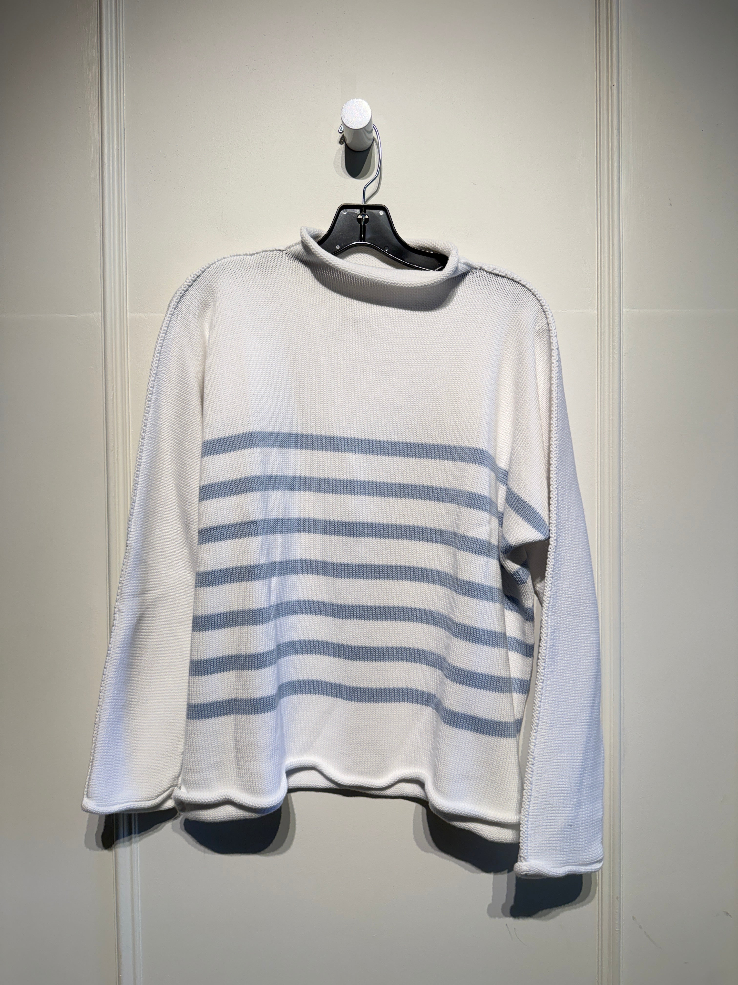 Frank & Eileen White Striped "Monterey" Rolled Funnel Neck Sweater (M)