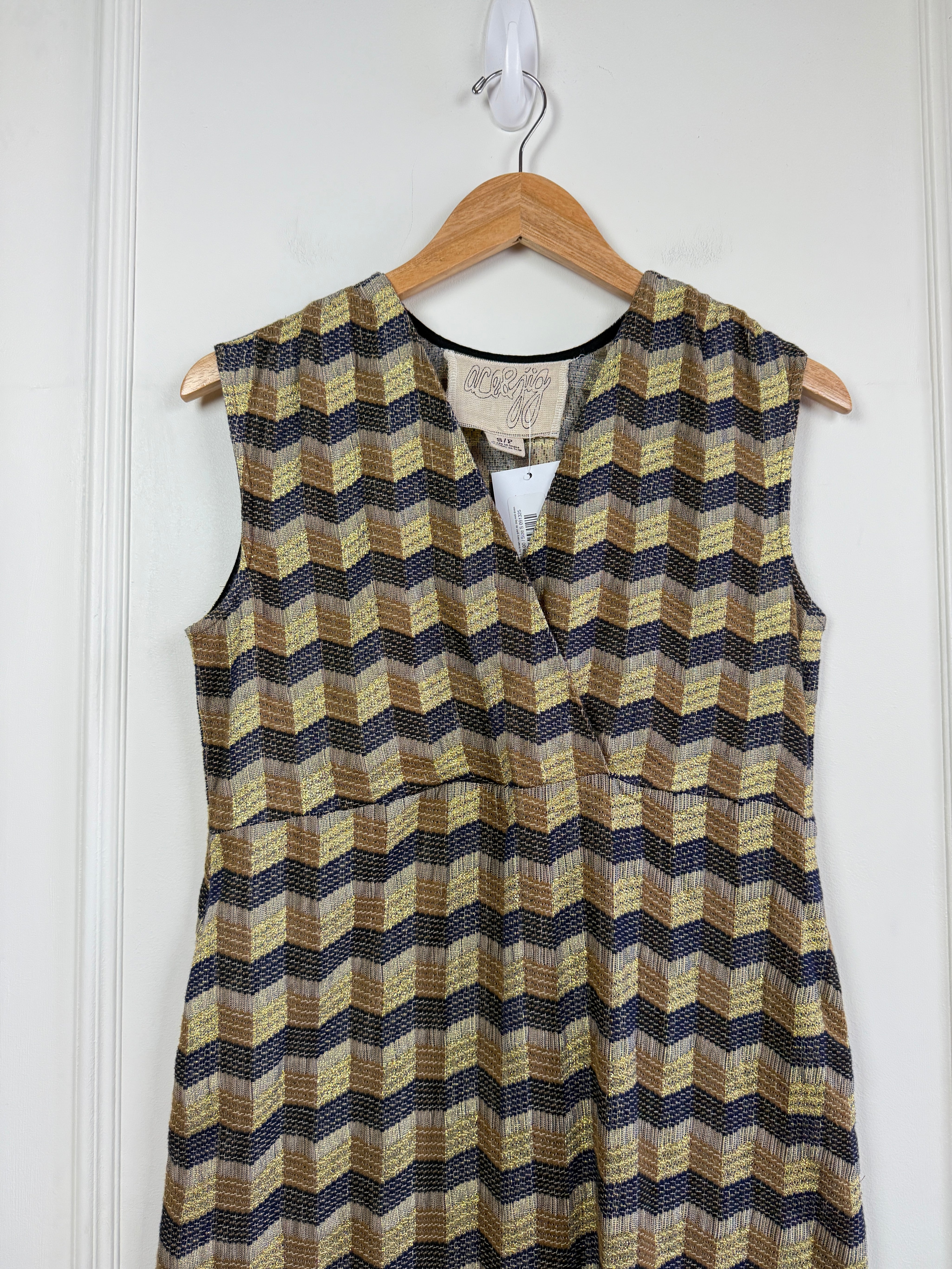 Ace & Jig Brown Navy Gold Zig Zag Midi Dress (S)