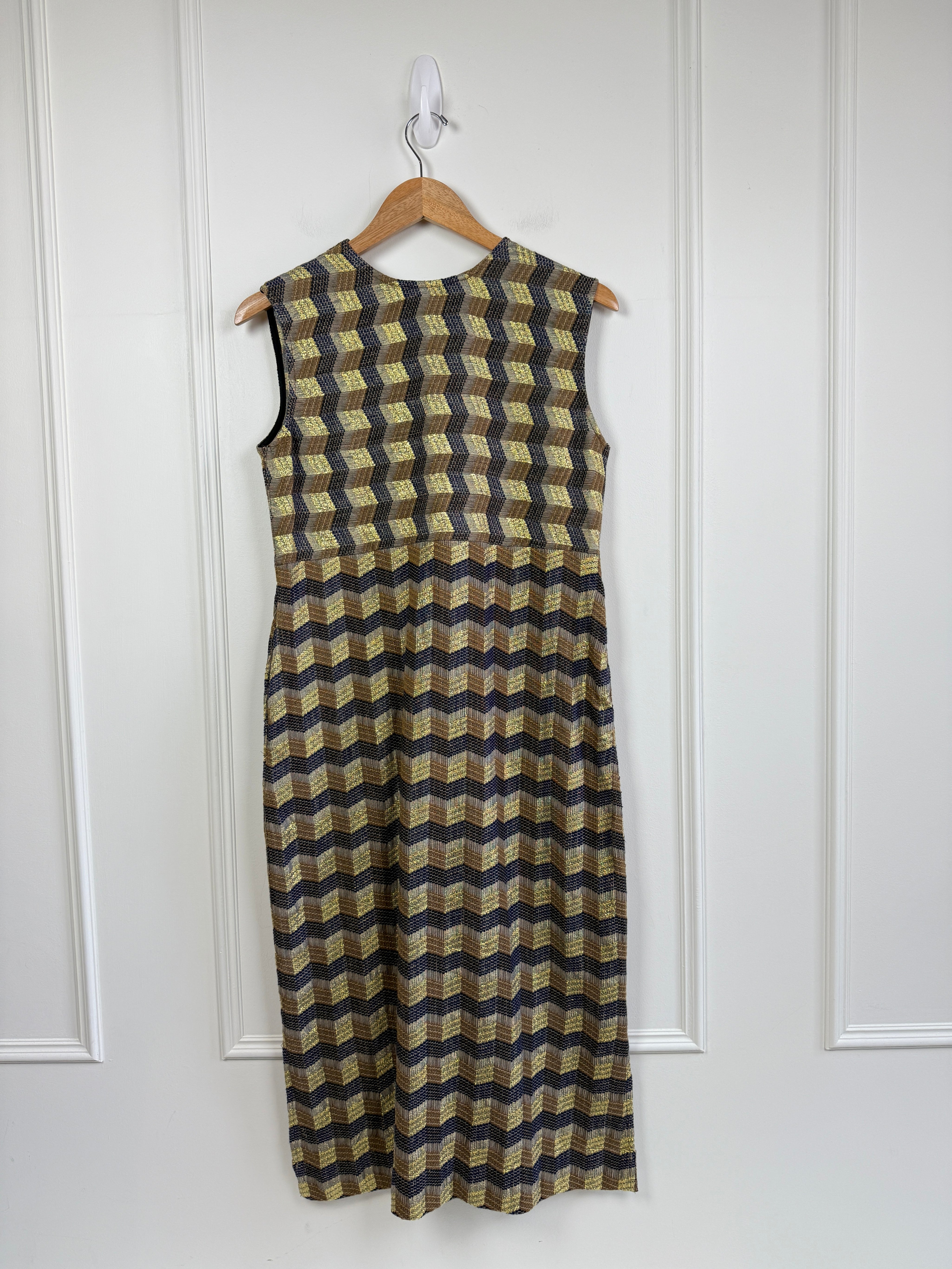 Ace & Jig Brown Navy Gold Zig Zag Midi Dress (S)
