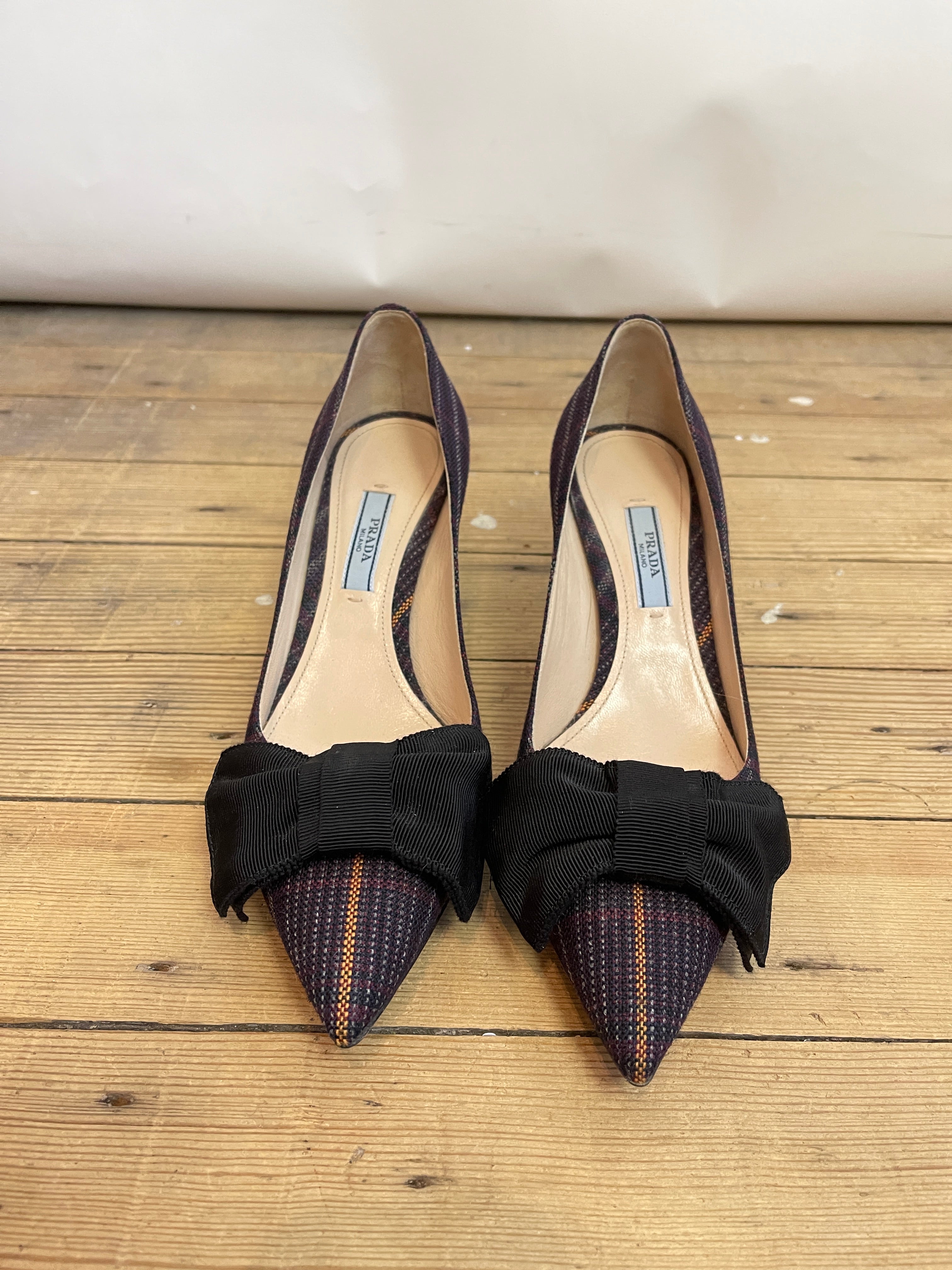 Prada Plaid Bow Heels (37.5)