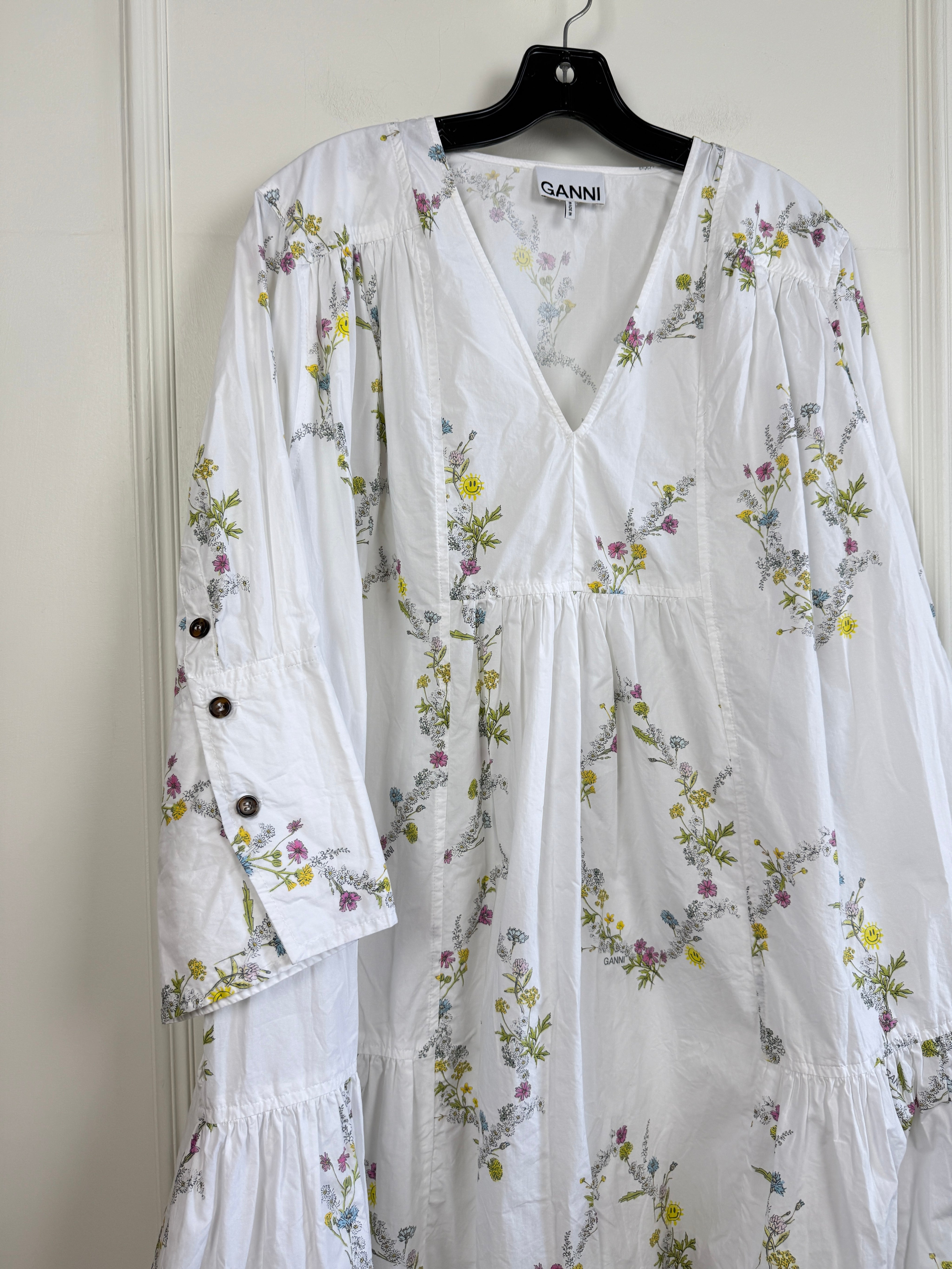 Ganni Tiered Floral-Print Organic Cotton Poplin Mini Dress (L/42)