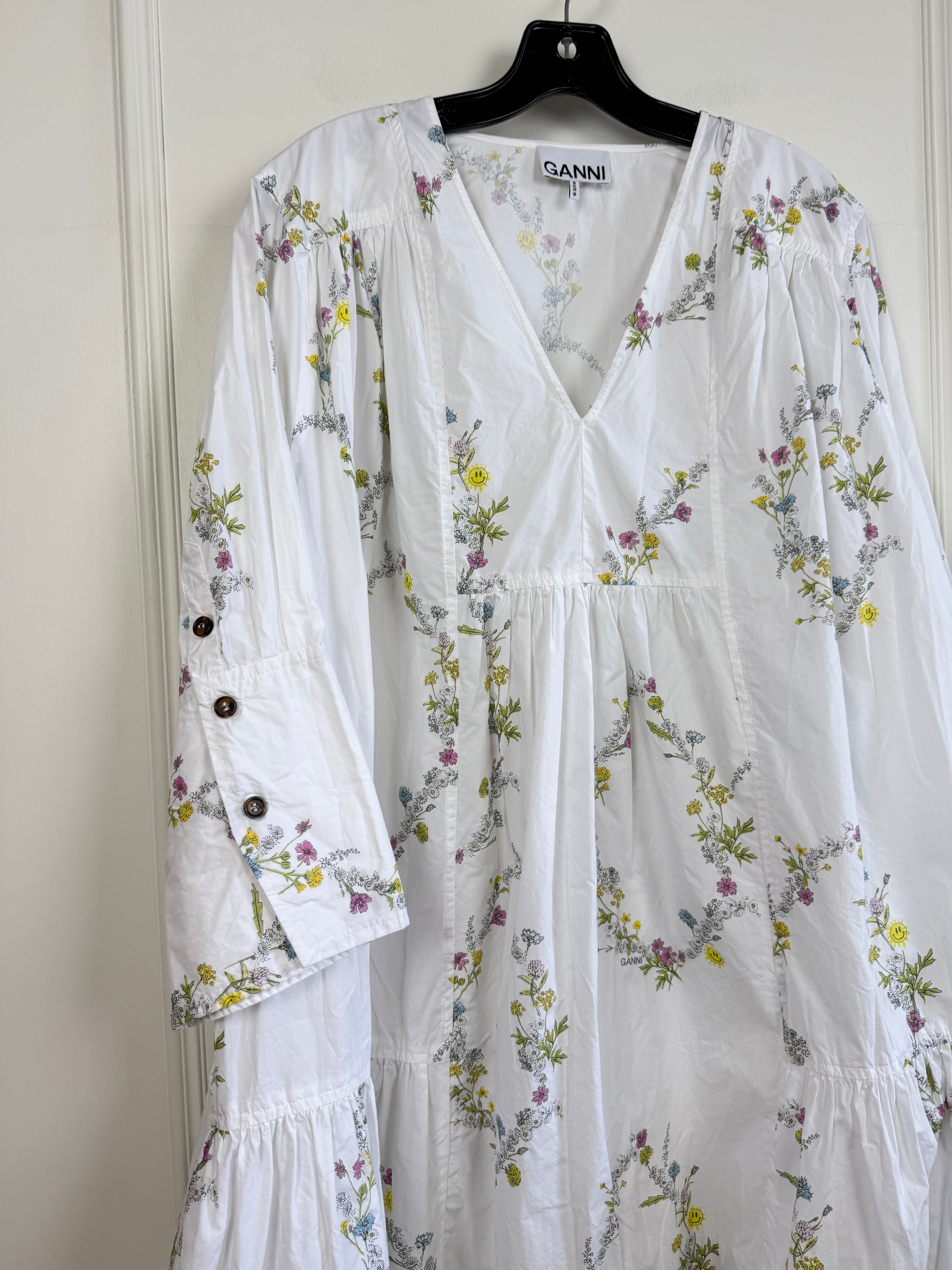 Ganni Tiered Floral-Print Organic Cotton Poplin Mini Dress (L/42)