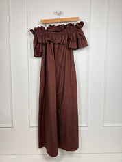 La Double J Brown Off the Shoulder Ruffle Dress (L)