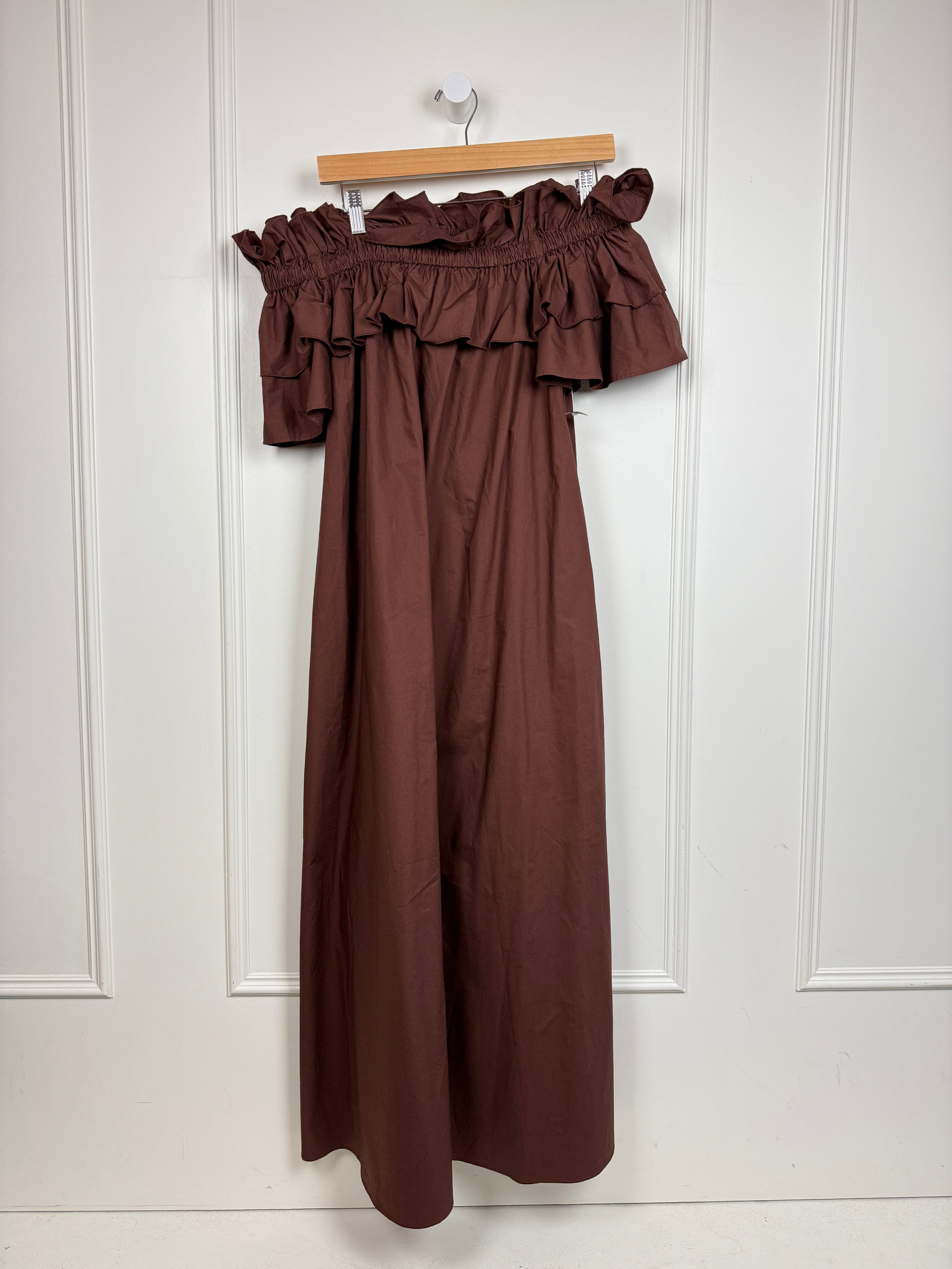 La Double J Brown Off the Shoulder Ruffle Dress (L)