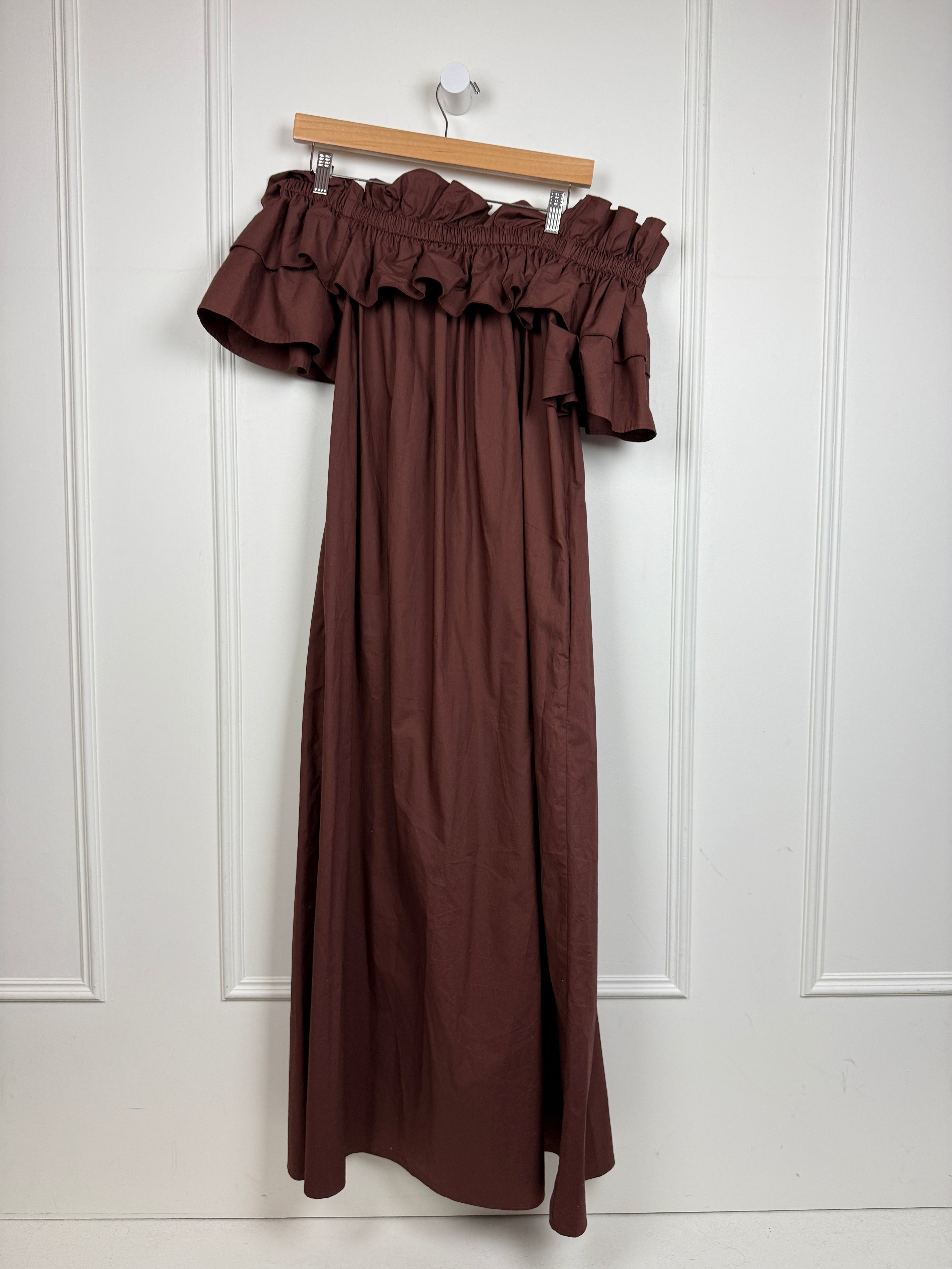 La Double J Brown Off the Shoulder Ruffle Dress (L)