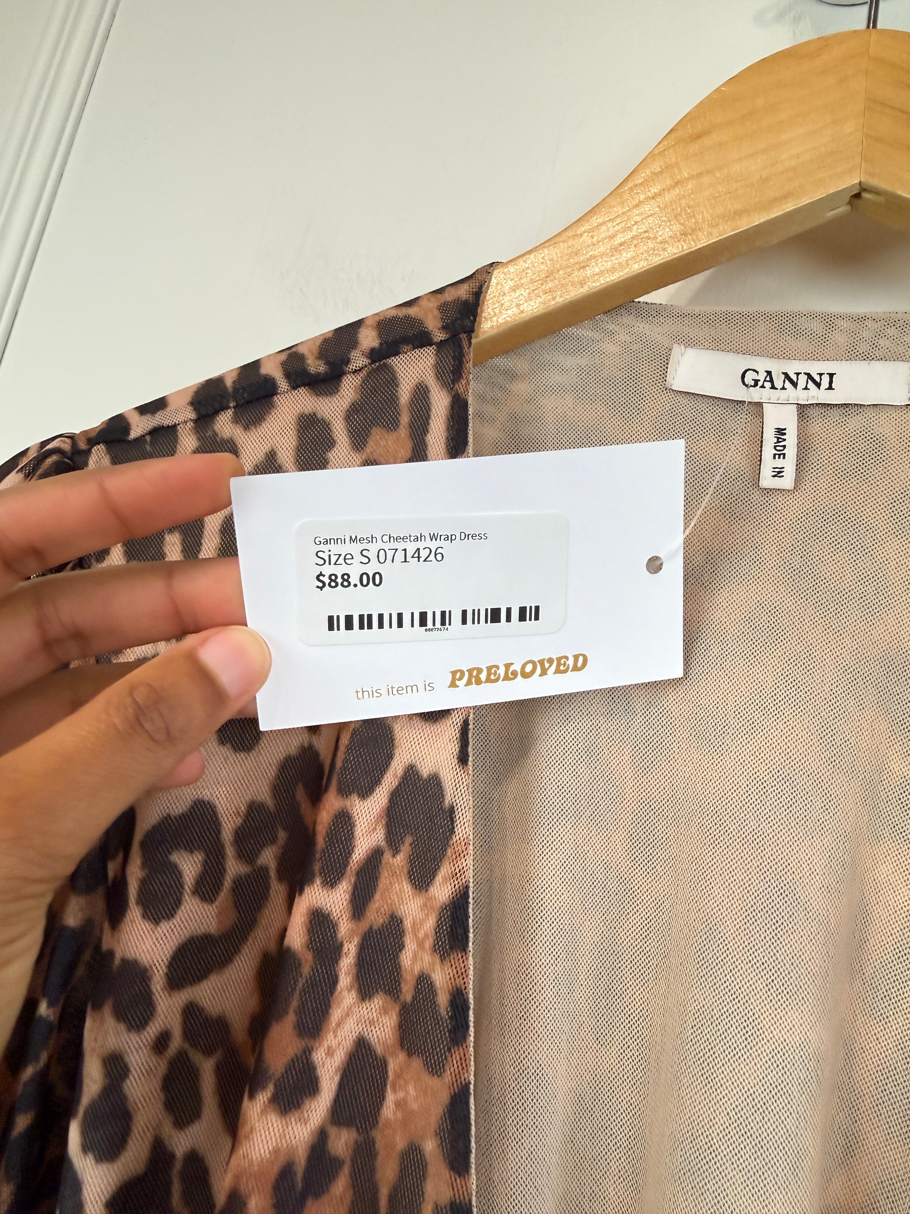 Ganni Mesh Cheetah Wrap Dress (S)