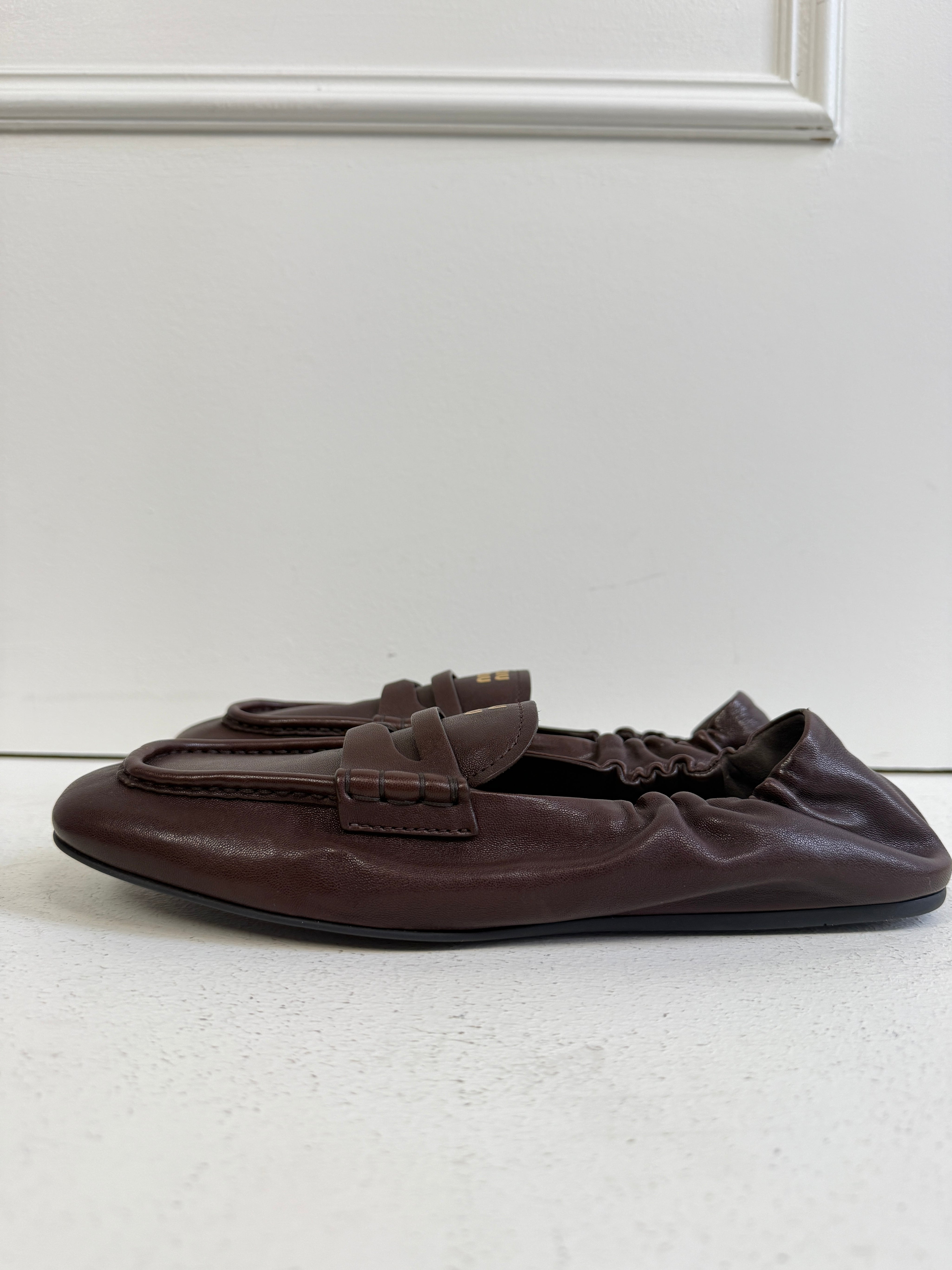 Miu Miu Ruches Nappa Leather Loafers in Briarwood (39)