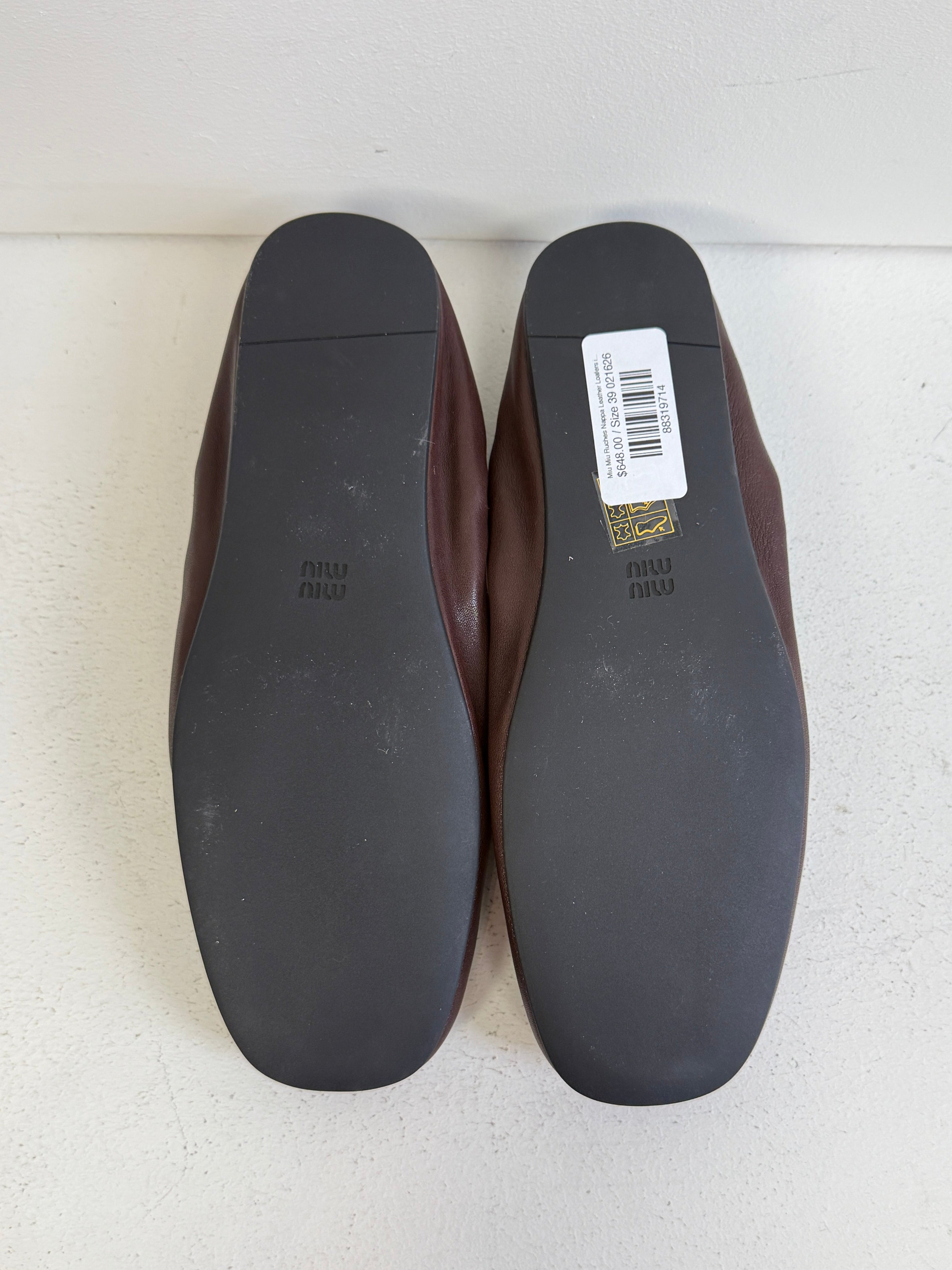 Miu Miu Ruches Nappa Leather Loafers in Briarwood (39)