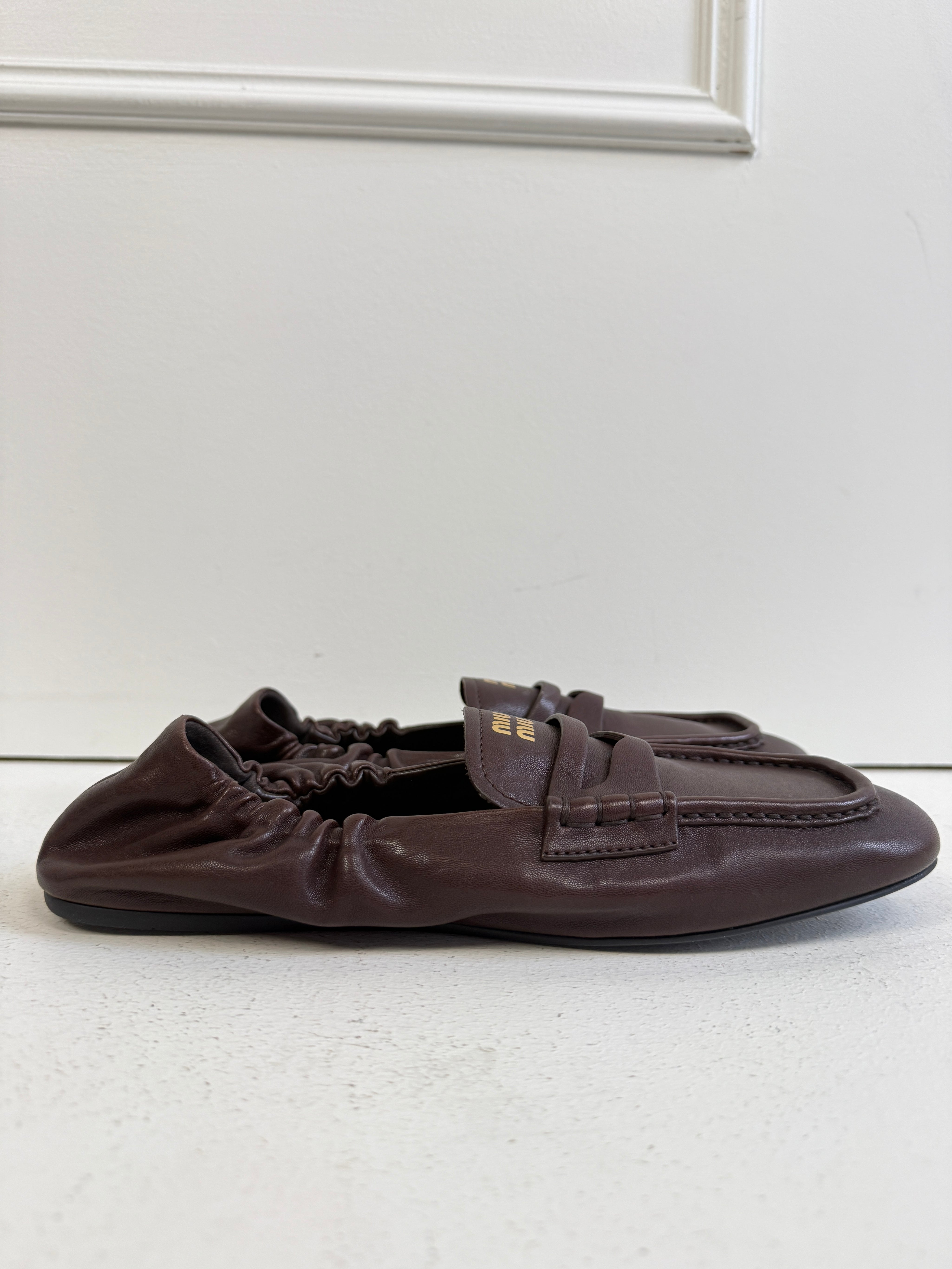 Miu Miu Ruches Nappa Leather Loafers in Briarwood (39)