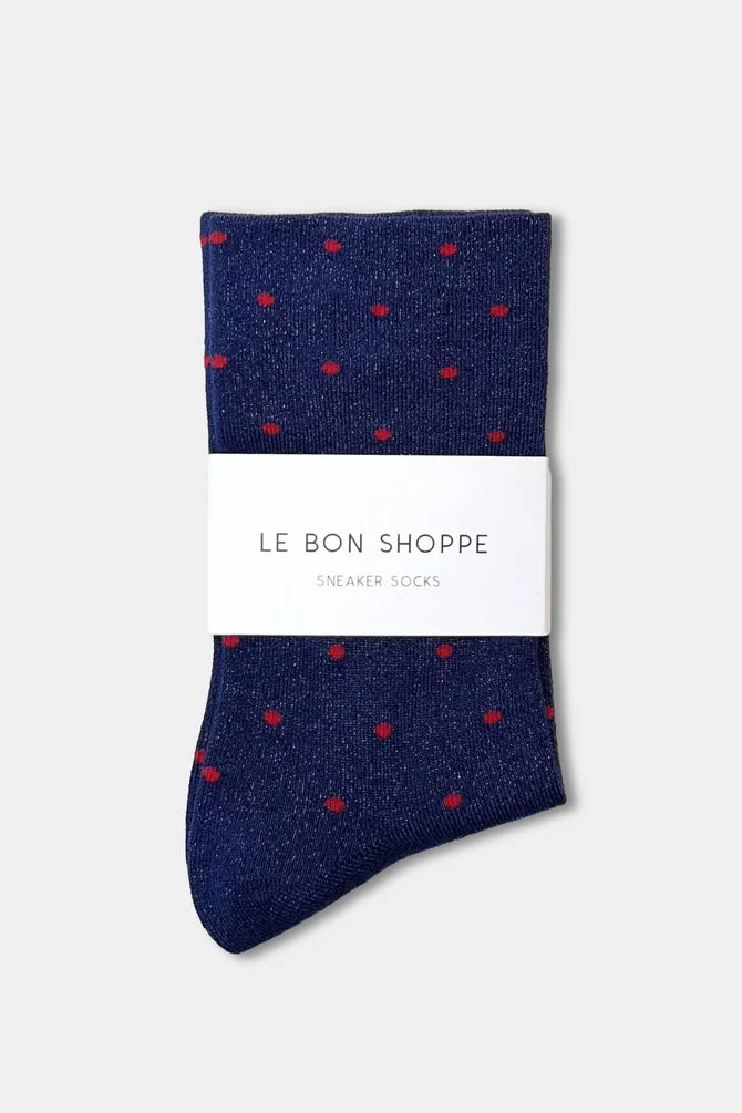 Le Bon Shoppe - Lurex Patterned Sneaker Socks | Polka Dot Ink Blue/Red