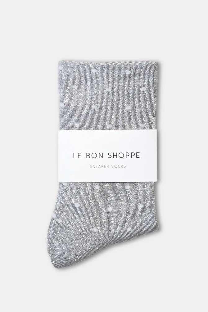 Le Bon Shoppe - Lurex Patterned Sneaker Socks | Polka Dot Silver/White