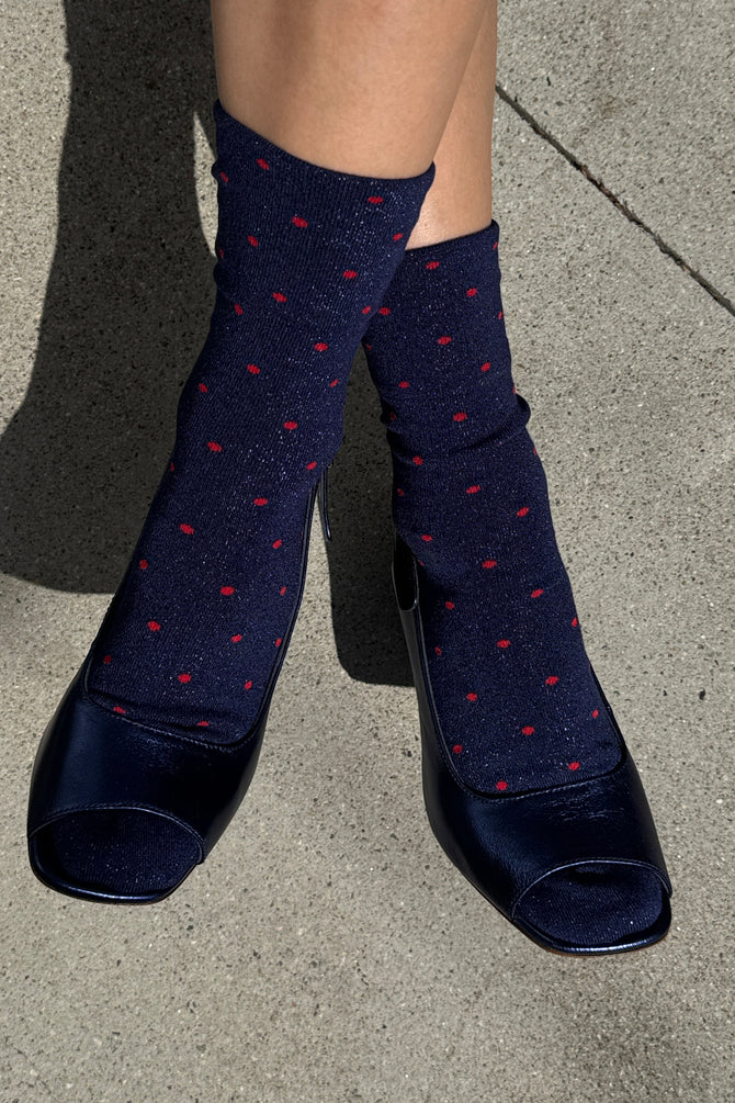 Le Bon Shoppe - Lurex Patterned Sneaker Socks | Polka Dot Ink Blue/Red