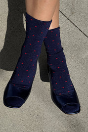 Le Bon Shoppe - Lurex Patterned Sneaker Socks | Polka Dot Ink Blue/Red