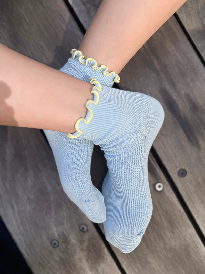 Le Bon Shoppe - The Petite Ruffled Hugger Crew Socks | Baby Blue/Butter