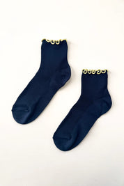 Le Bon Shoppe - The Petite Ruffled Hugger Crew Socks | Navy/Butter