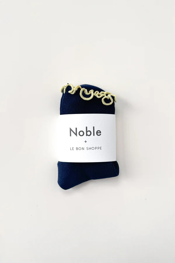 Le Bon Shoppe - The Petite Ruffled Hugger Crew Socks | Navy/Butter
