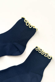Le Bon Shoppe - The Petite Ruffled Hugger Crew Socks | Navy/Butter