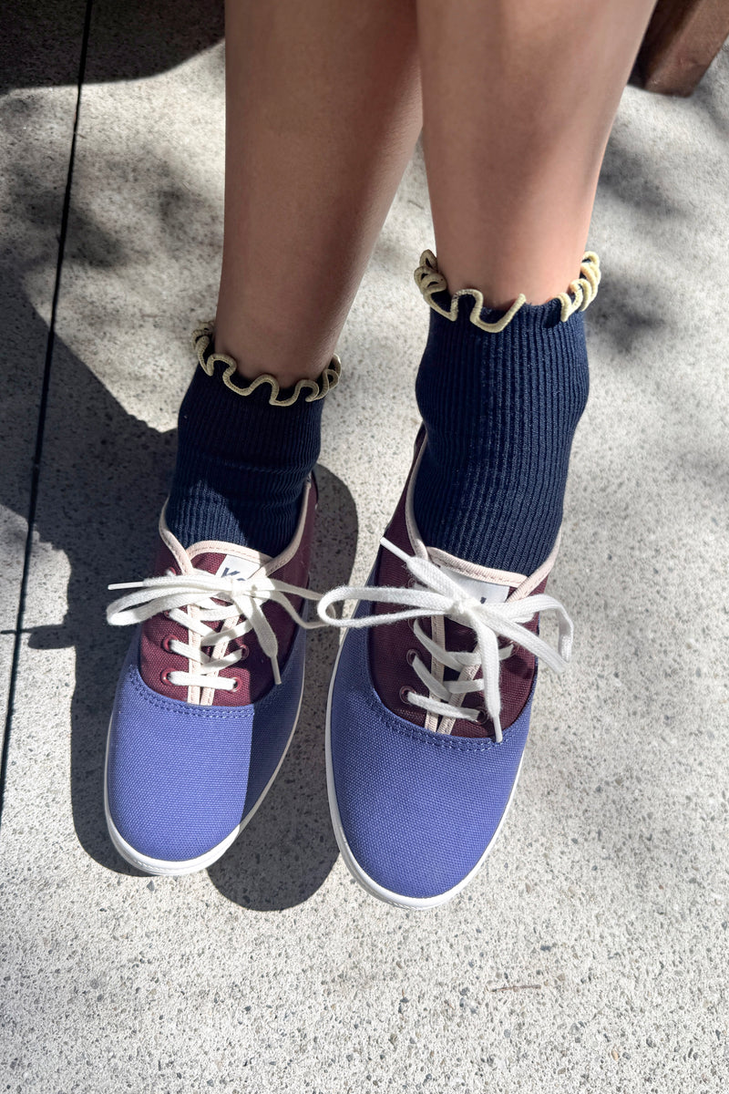 Le Bon Shoppe - The Petite Ruffled Hugger Crew Socks | Navy/Butter