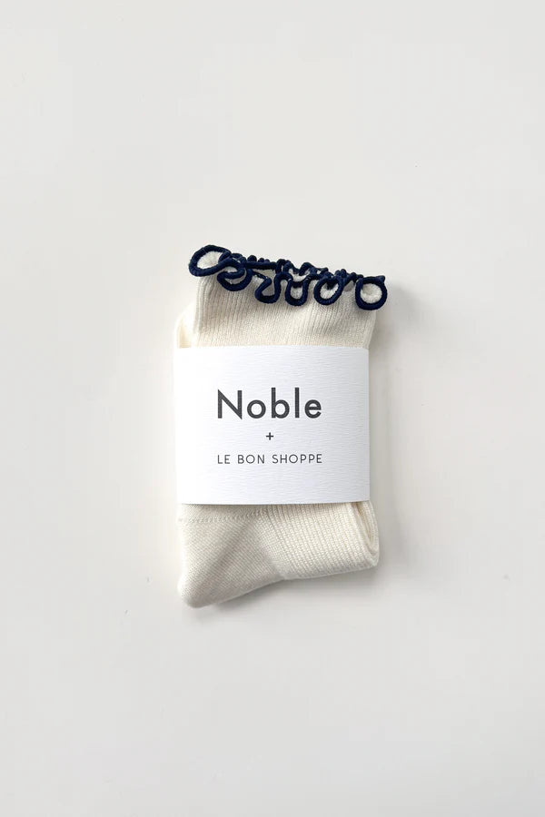 Le Bon Shoppe - The Petite Ruffled Hugger Crew Socks | Soft White/Navy