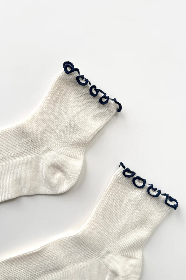 Le Bon Shoppe - The Petite Ruffled Hugger Crew Socks | Soft White/Navy