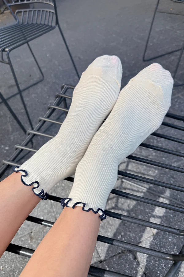 Le Bon Shoppe - The Petite Ruffled Hugger Crew Socks | Soft White/Navy