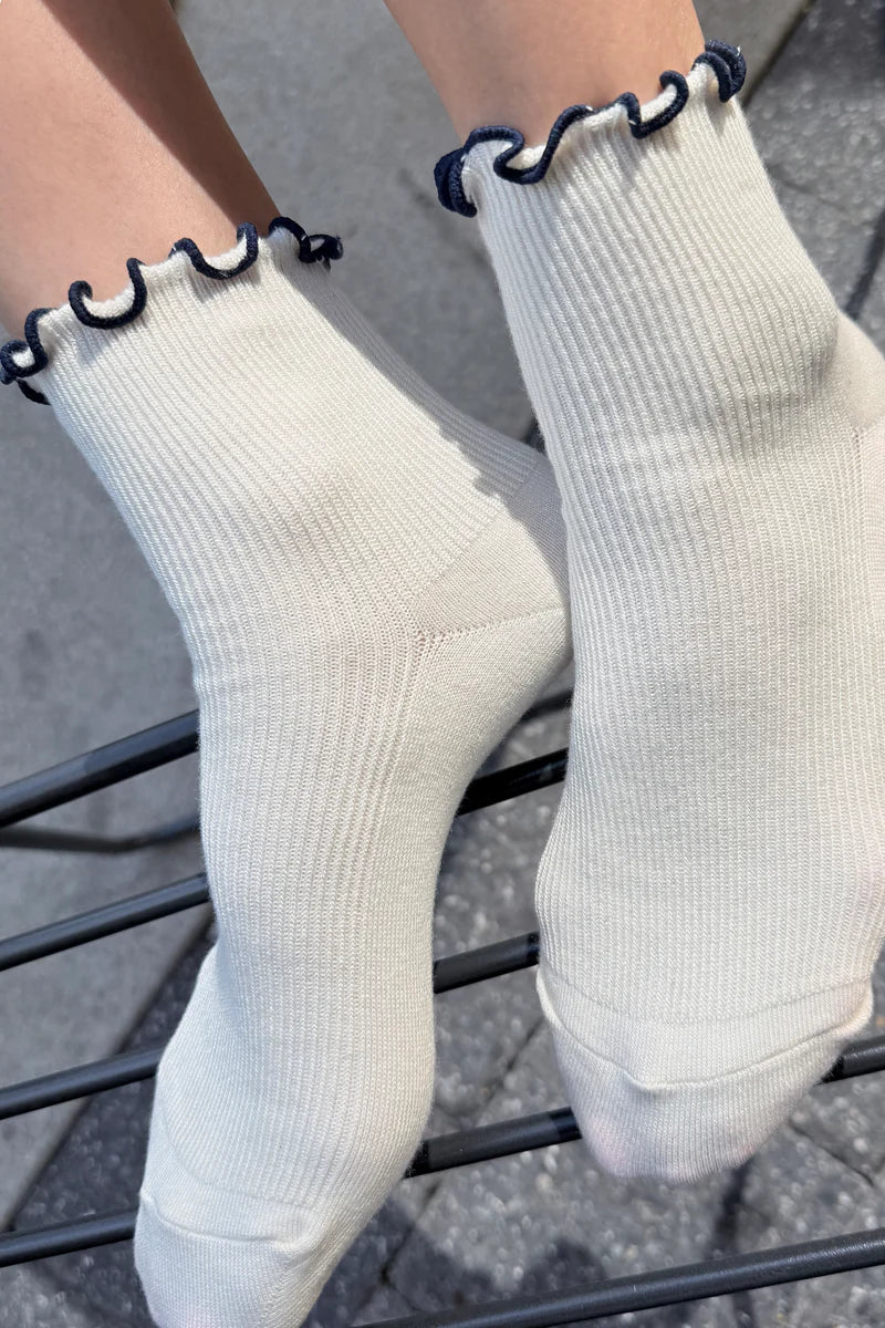Le Bon Shoppe - The Petite Ruffled Hugger Crew Socks | Soft White/Navy