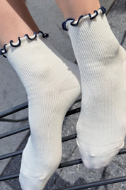 Le Bon Shoppe - The Petite Ruffled Hugger Crew Socks | Soft White/Navy